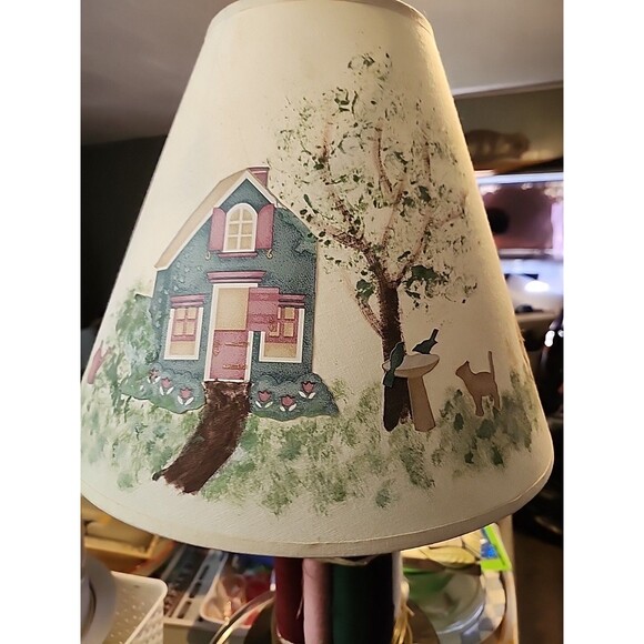 Handmade Folk Art Lamp Rustic Wood Base Textile Spools Painted Cottage Shade - Picture 6 of 13
